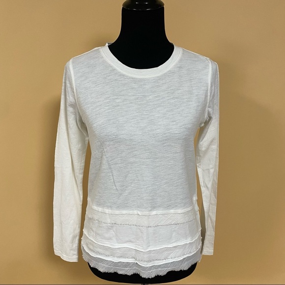 Atwell Spa White Cotton Frayed Tiered Long Sleeve Top Leah Tee Size S - Picture 2 of 8